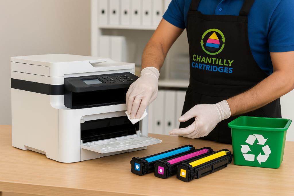 Technician wearing Chantilly Cartridges logo apron cleaning a white office printer, with CMYK toner cartridges and a green recycling bin on desk