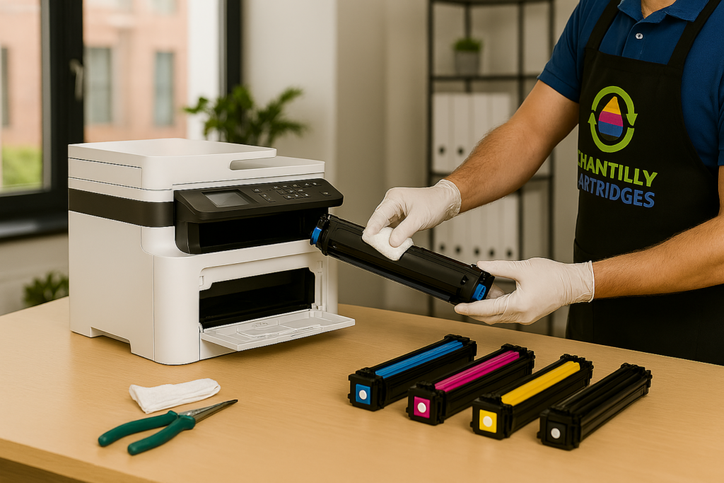 Technician wearing Chantilly Cartridges logo apron cleaning a white office printer on a clean desk with CMYK toner cartridges nearby in a modern business setting