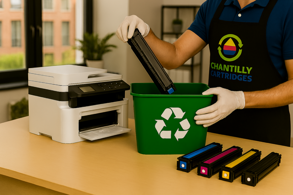Technician wearing Chantilly Cartridges logo apron placing used toner cartridges into a large green recycling bin on a light wood desk in a clean office setting