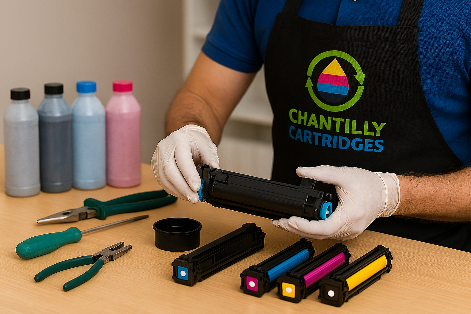Technician wearing Chantilly Cartridges logo apron inspecting a toner cartridge on a clean workbench with CMYK toner bottles and precision tools in a softly lit workshop