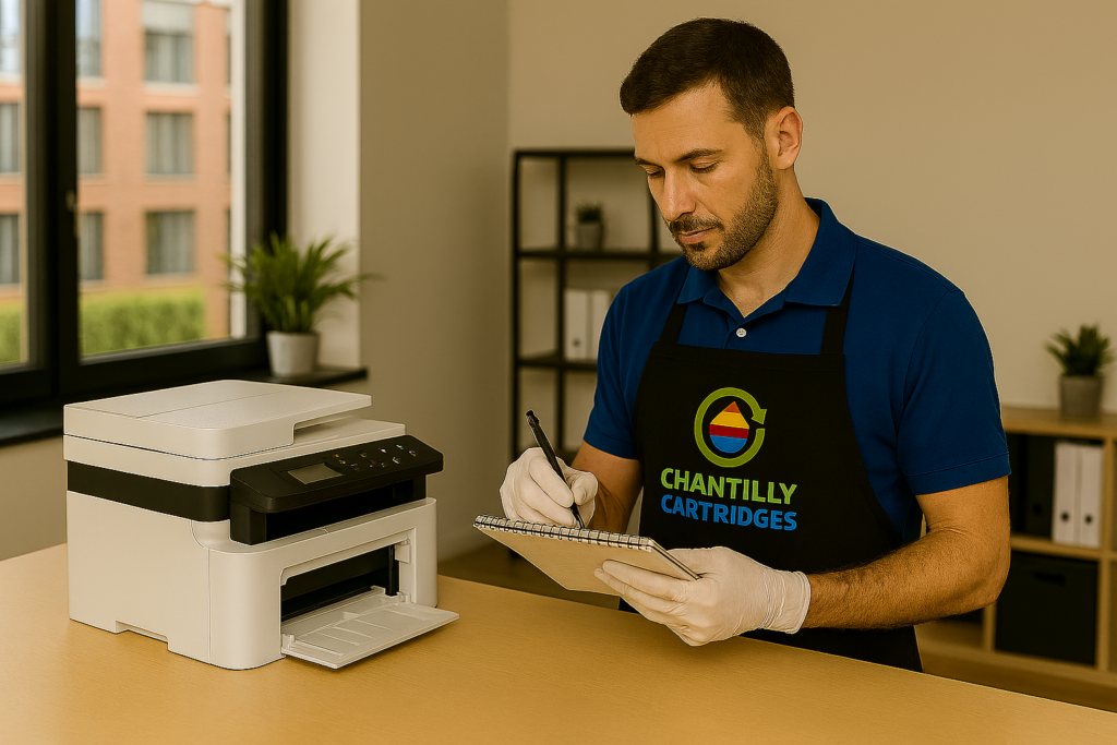 Technician inspecting internal printer components during a toner cartridge replacement visit