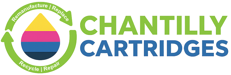 Chantilly Cartridges logo with CMYK ink droplet and green recycling arrow